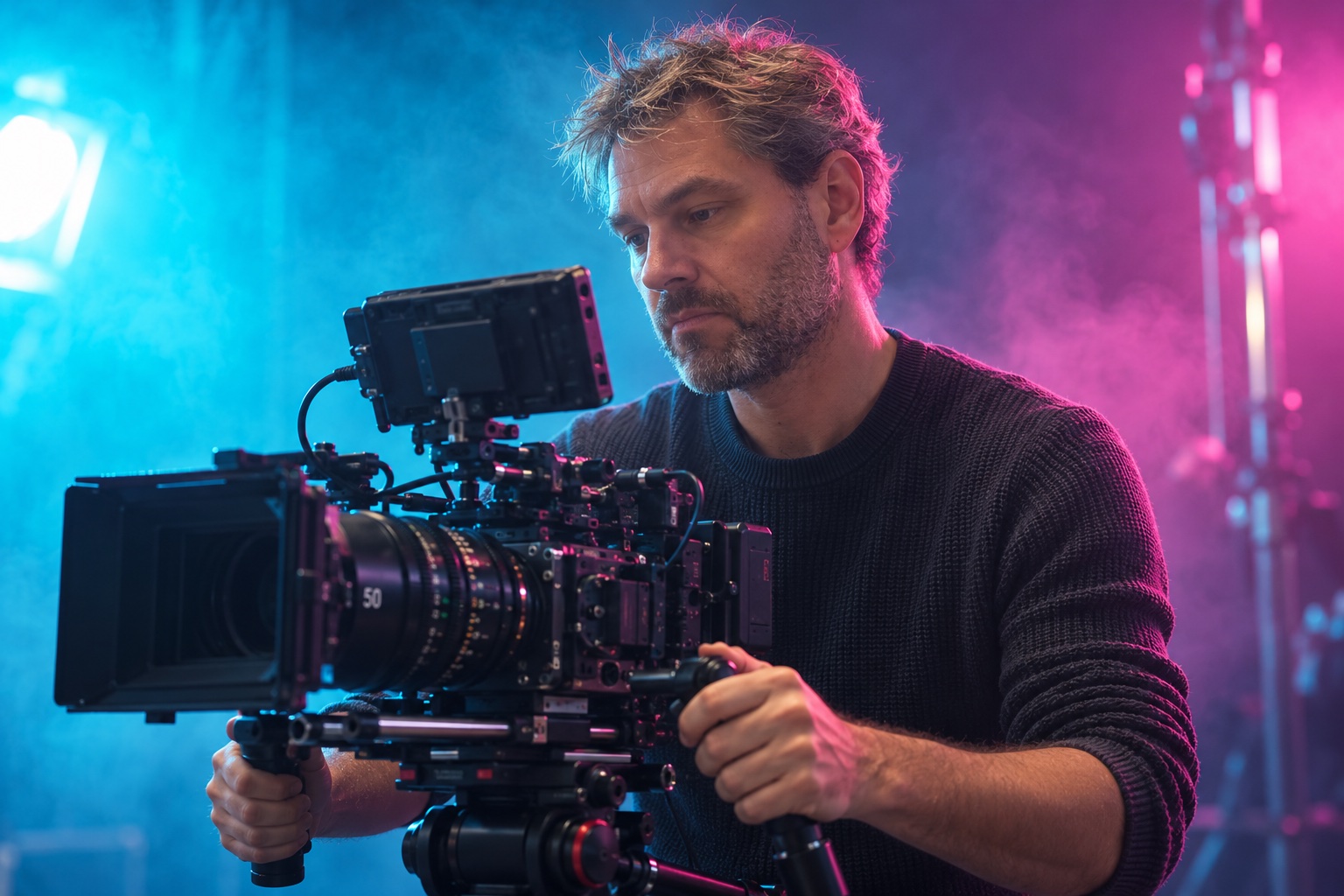 Tom Debruyne als camera-operator in filmisch blauw en roze licht